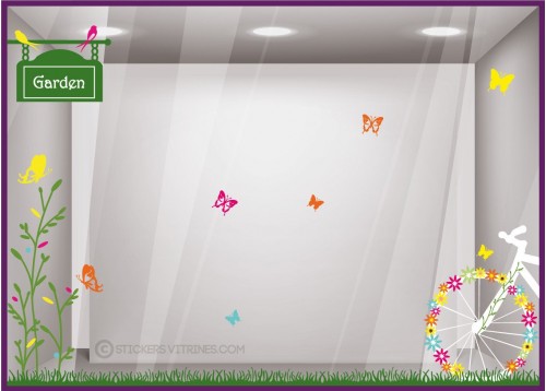 Kit de Stickers Au Jardin printemps mode fleuriste maroquinerie velo papillon vitrophanie devanture calicot vitrine