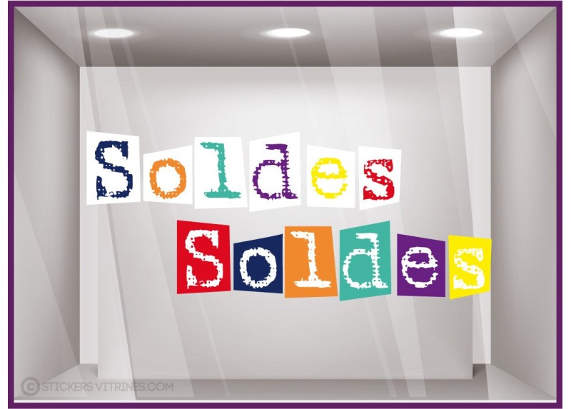 Sticker Soldes Dactylo Adhésif multicolore carré originale collez devanture de magasin commerce autocollant adhésif