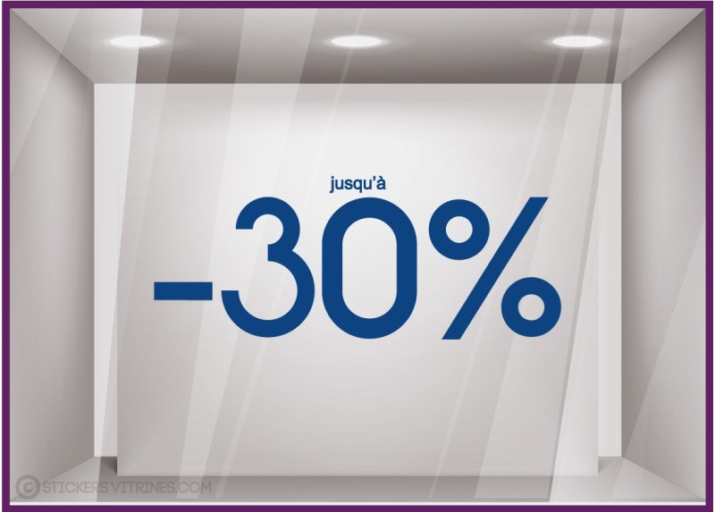 Sticker Jusqu'`a -30% lettrage autocollant géant mode maroquinerie bijouterie opticien vitrophanie