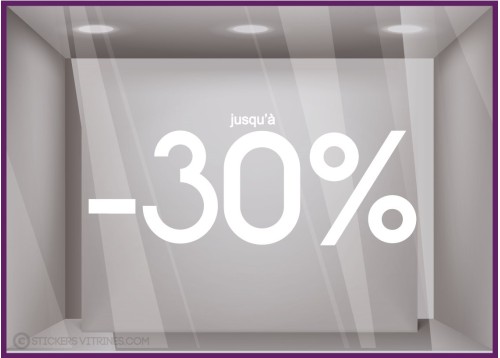 Sticker Jusqu'`a -30% lettrage autocollant géant mode maroquinerie bijouterie opticien vitrophanie