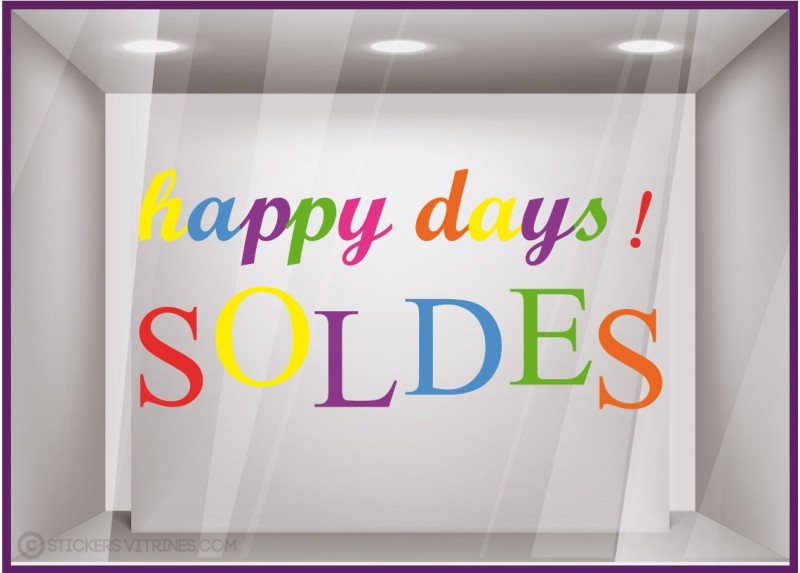 Sticker Soldes Happy Days calicot lettrage adhesif boutique mode opticien parfumerie devanture vitrophanie 