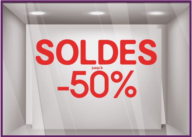 Sticker Soldes Simple Jusqu'`a - 50% vitrophanie promotions idee deco pourcentage remise vitrine enseigne mode