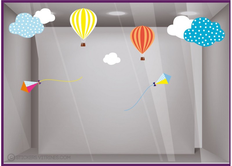Kit de Stickers Cerfs-volants Montgolfières nuage calicot vitrine commerce boutique adhesif vitrophanie