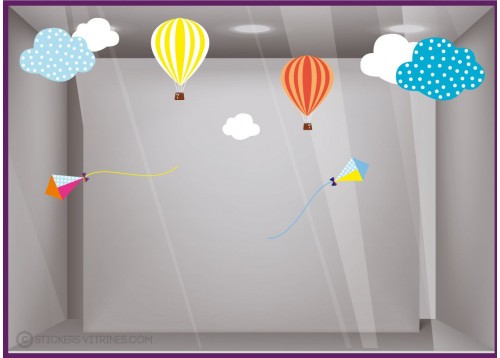 Kit de Stickers Cerfs-volants Montgolfières nuage calicot vitrine commerce boutique adhesif vitrophanie