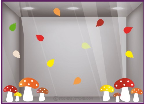 Kit Stickers Champignons d'automne feuilles rentree boutique vitrine vitrophanie magasin mode commerce