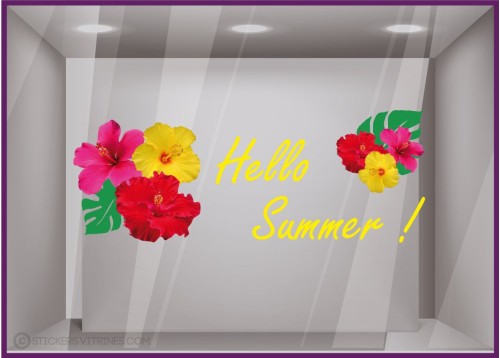 Sticker Hello Summer ete fleurs lettrage adhésif mode parfumerie bord de mer agence de voyages calicot vitrophanie magasin 