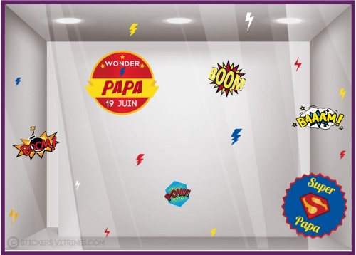 Kit de Stickers Fête des pères Comics papa calicot devanture magasin mode maroquinerie librairie lettrage adhesif vitrophanie 