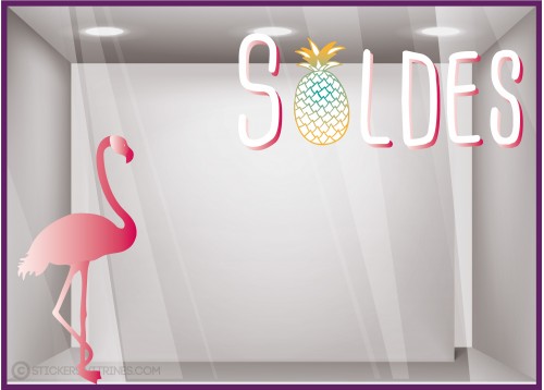 Kit de Sticker Soldes Flamant Rose Ananas vitrophanie vitrine mode maroquinerie destockage braderie liquidation promotion