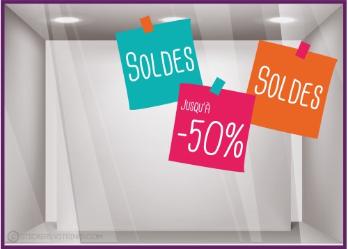 Sticker Soldes Post it promotion destockage braderie liquidation lettrage adhesif vitrophanie pourcentage vitrine