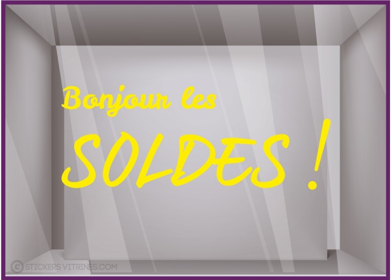 Sticker Bonjour Les Soldes destockage braderie liquidation lettrage promotion mode maroquinerie vitrophanie