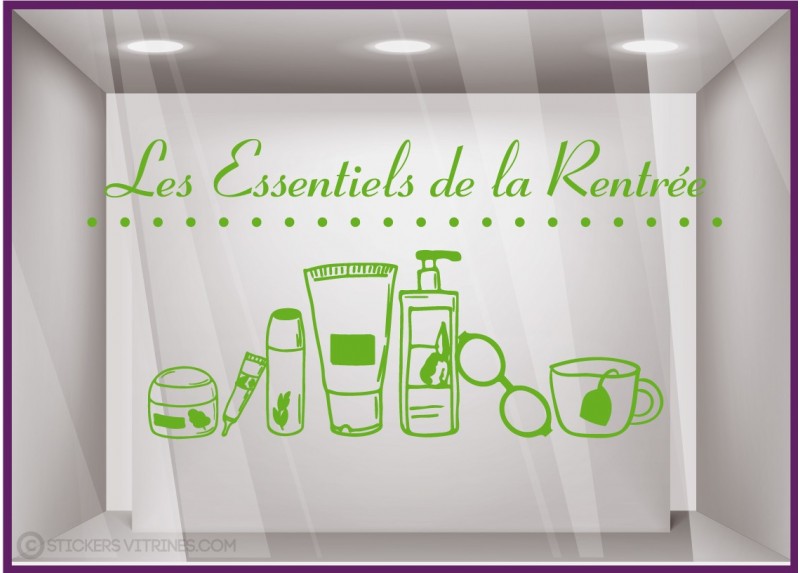 STICKER LES ESSENTIELS DE LA RENTREE PHARMACIE COMMERCE ADHESIF VITRES IDEE DECORATION