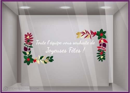 Sticker texte équipe Noël et branches déco vitrine fête de fin d'année