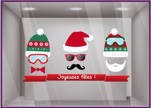 Sticker 3 Bonnets De Noël autocollant pour devanture magasin idée déco