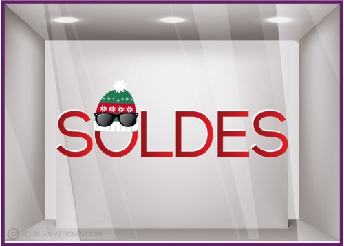 STICKER SOLDES BONNET vitrophanie hiver calicot boutique magasin vitrine sport devanture lettrage adhesif mode vitre 