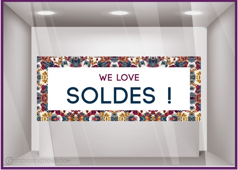 Sticker Soldes Bandeau Motif Floral Vitrophanie Magasin devanture fleuriste mode bijouterie commerce vitrine calicot idee