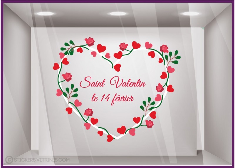 Sticker Couronne Coeur et Fleurs SAINT VALENTIN vitre devanture vitrine fleuriste bijouterie boutique commerce magasin calicot 