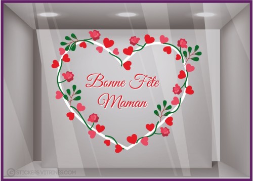 Vitrophanie pour devanture Sticker Couronne Coeur et Fleurs Bonne fête Maman