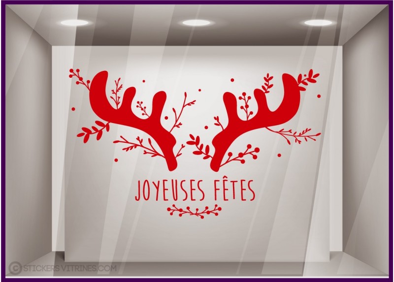Sticker Cornes de Cerfs Joyeuses Fêtes Noël décoration vitrine de magasin