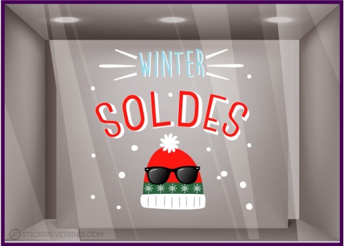 Sticker Winter Soldes Bonnets hivers promotion magasin boutique vitrophanies autocollants vitrine mode maroquinerie deco neige