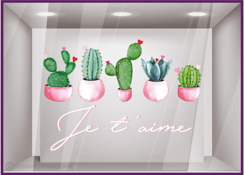 Sticker Je t'aime St Valentin Cactus fleuriste coeur adhésif autocollant fête des mères