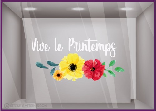 Sticker Texte Vive le printemps fleurs fleuristes lettrage vitrophanie