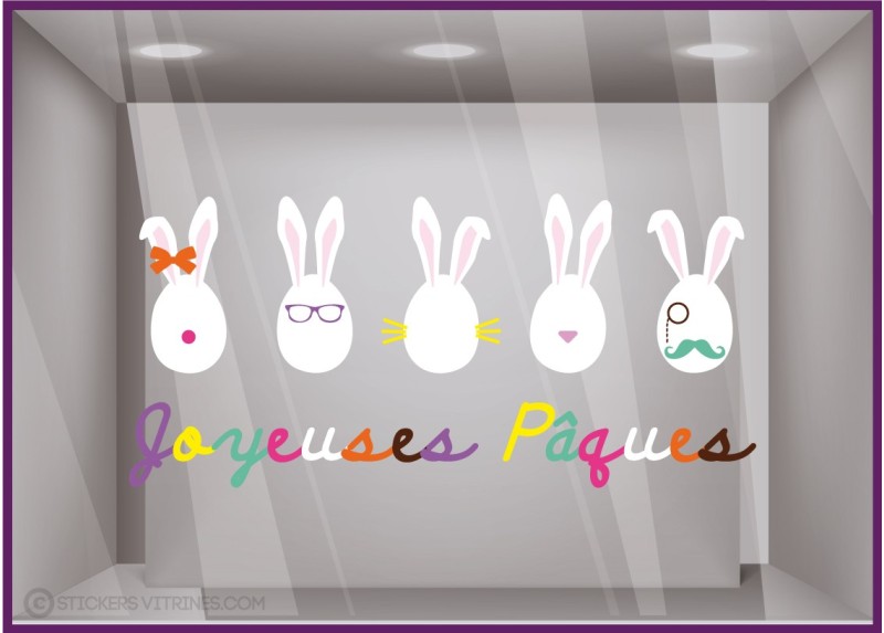 Décoration pour vitrine : Stickers 5 Oeufs Lapin Joyeuses Pâques