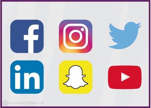 Stickers Réseaux Sociaux Facebook Instagram Snapchat Linkedin Twitter Youtube pour vitrine et devanture de commerce
