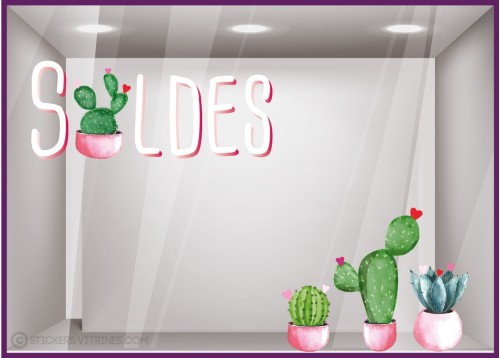 Kit de Sticker Soldes Cactus été vitrine commerce magasin mode décoration institut de beauté signalétique 