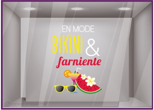 Sticker en mode Bikini et farniente vitres magasin été pastèque cocktail maillot de bain piscine mer mode lunettes de soleil