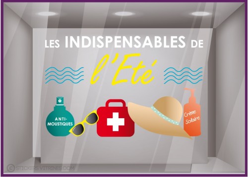 Sticker Les indispensables de l'été Pharmacie devanture magasin enseigne vitrophanie calicot lettrage adhésif vitrine vitre 