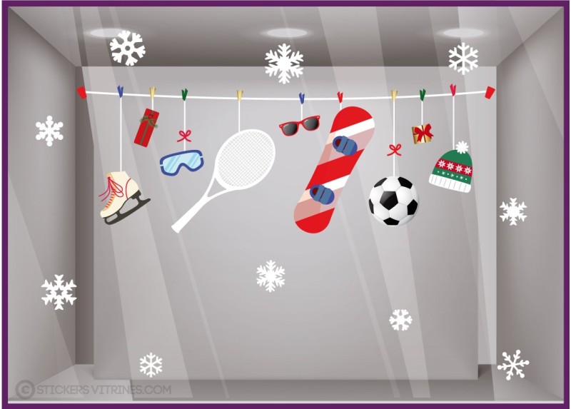 Sticker Guirlande Sports d'Hiver Noël magasins enseignes vitrophanie patins frise snowboard flocons magie