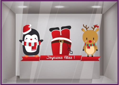 Vitrophanie Sticker personnages de Noël décoration magasin cerf pingouin père noel bandeau guirlande enfant joyeuses fetes vitre