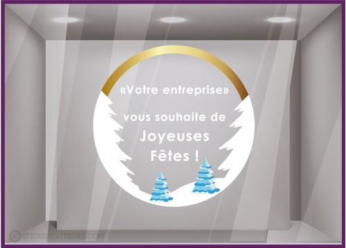 Stickers Couronne Joyeuses Fêtes Montagne à personnaliser noel hiver idée déco vitrophanie magasin devanture sapin neige