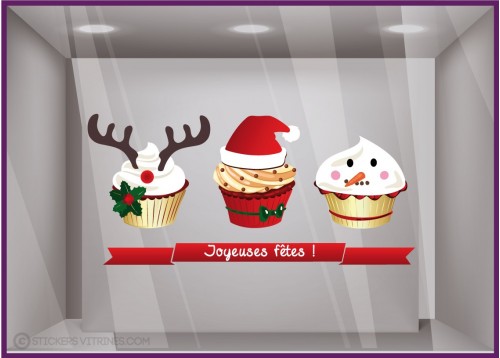 Sticker Cupcake Joyeuses Fêtes enseigne delicieux noel dessert decoration devanture cerf bonhome de neige