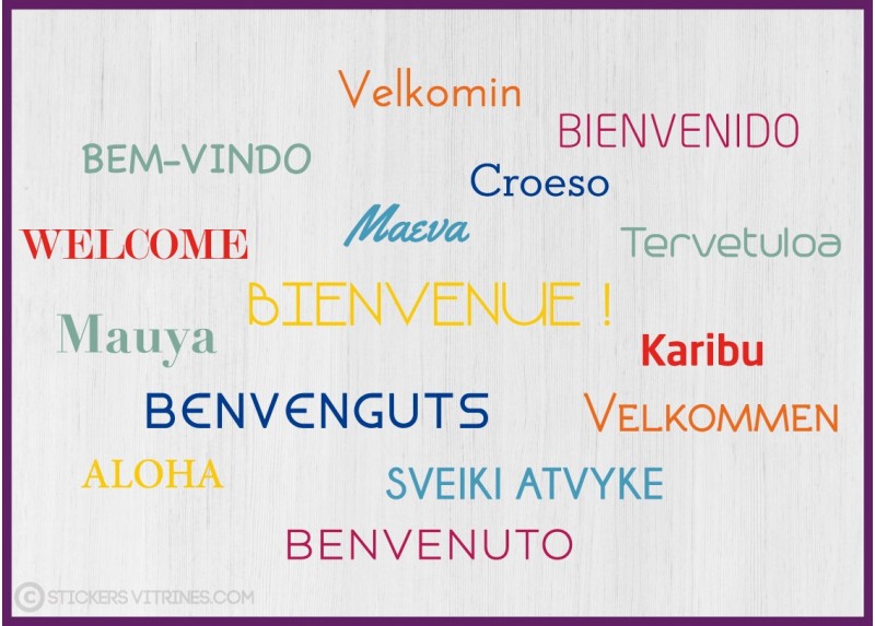 Sticker Nuage de Tags Bienvenue langues accueil motivation bureau mur porte vitrine texte adhésif calicot signalisation interne 