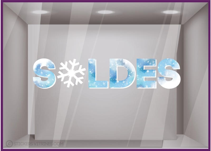 Sticker Soldes Givre vitrophanie promotions liquidation destockage hiver décoration magasin
