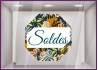 Sticker Soldes Octogone Motif Floral Bleu Vitrophanie Magasin Boutique Pourcentage calicot fabricant paris