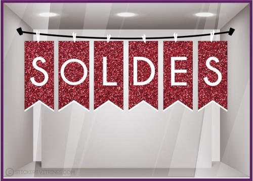 Sticker Soldes Banderoles Pailleté Rouge vitrophanie liquidation destockage promotion vitre enseigne boutique fournisseur