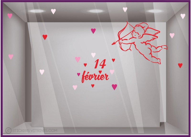Sticker Cupidon St Valentin amour coeur 14 fevrier vitrophanie vitrine idee deco boutique magasin fleuriste saint bijouterie