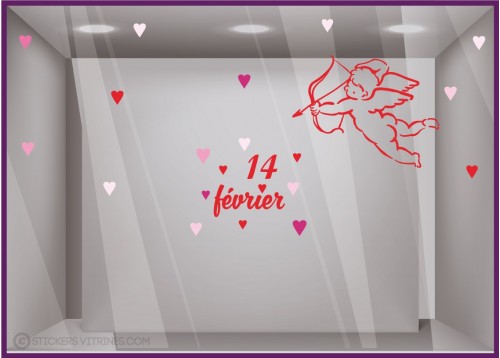 Sticker Cupidon St Valentin amour coeur 14 fevrier vitrophanie vitrine idee deco boutique magasin fleuriste saint bijouterie