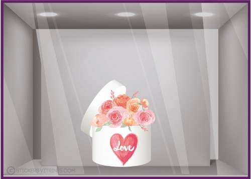 Sticker Boite de Roses St Valentin fete vitrophanie amour coeur devanture enseigne 14 fevrier magasin fleuriste bijouterie saint