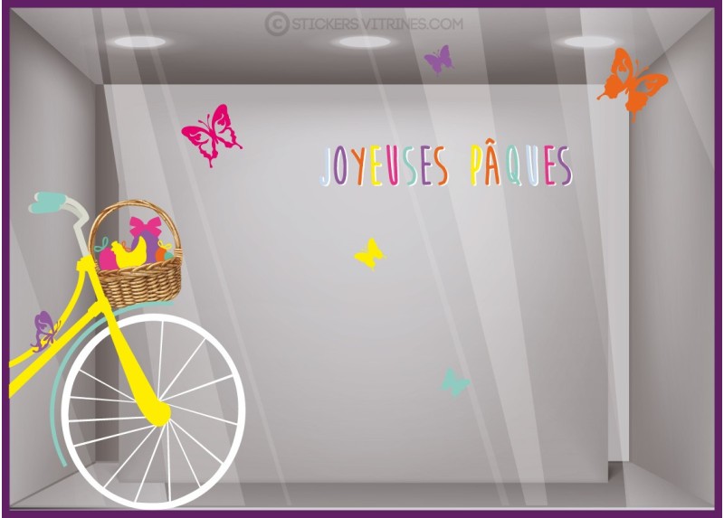 Vitrophanie pour boutique : Kit de Stickers Vélo Joyeuses Pâques