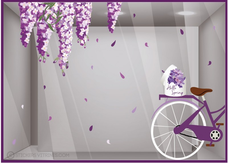 Kit de stickers velo glycines Printemps Fleuriste lettrage Adhésif hello spring autocollant vitrophanie mode parfumerie calicot