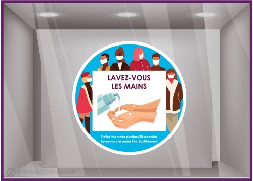 Sticker lavez-vous les mains coronavirus signaletique covid-19 pharmacie bureau cabinet medical vitrophanie