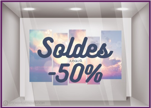 Sticker Soldes Coucher de Soleil mode maroquinerie vitrophanie ete promotion destockage liquidation commerce pourcentage