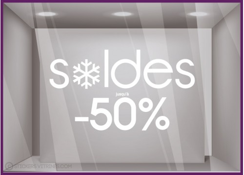 Sticker Soldes Flocons Jusqu'`a -50% braderie destockage liquidation mode maroquinerie hiver opticien commerce vitrophanie