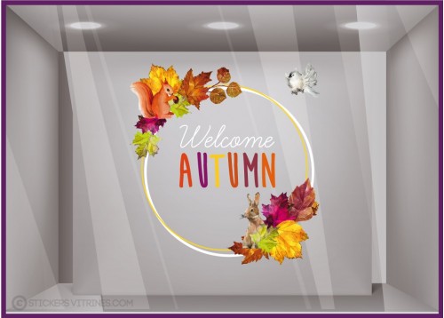 Sticker couronne animaux d'automne vitres boutique adhesif decoration ecureuil lapin lettrage mode 