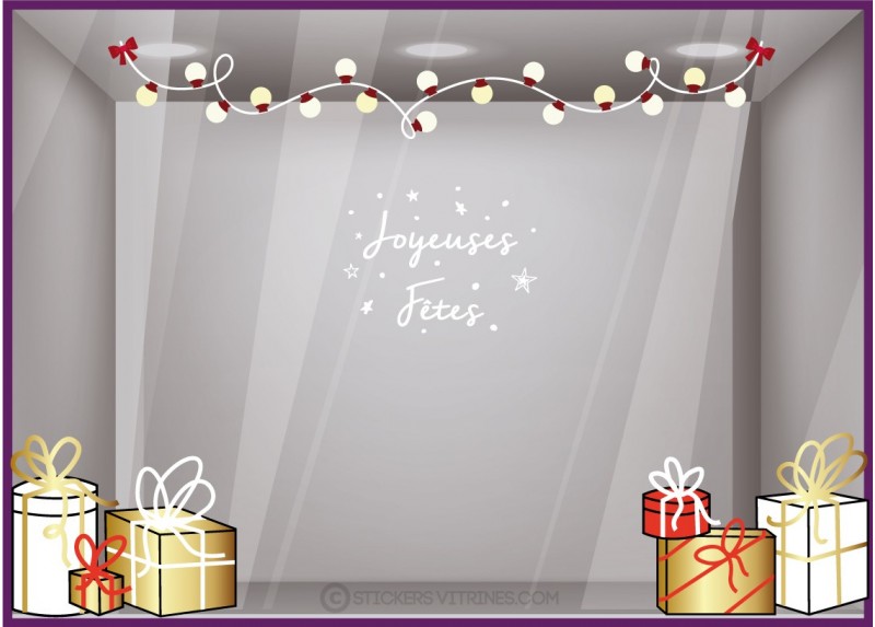 KIT DE STICKERS GUIRLANDE DE NOEL ET 6 CADEAUX CALICOTS LETTRAGE ADHESIF DECORATION VITRINE MAGASIN MODE