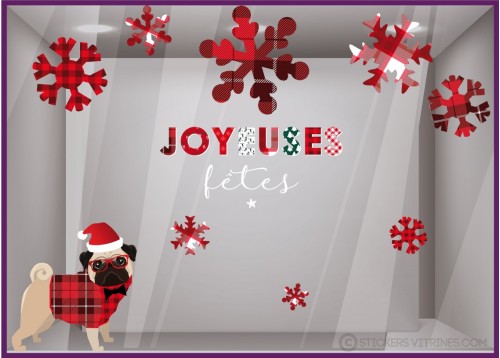 KIT DE STICKERS BOULEDOGUE NOEL IDEE DECORATION TENDANCE FLOCONS VITRINE MAGASIN CALICOT JOYEUSES FETES MODE