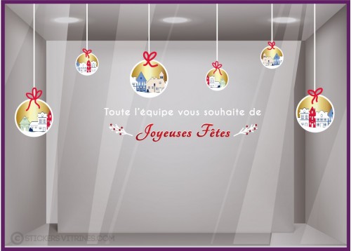 KIT DE STICKERS BOULES DE NOEL MAISONS DEVANTURE AGENCE IMMOBILIER DECORATION VITROPHANIE CALICOT commerce